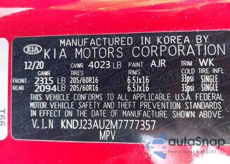 2021 Kia Soul Lx z USA, uszkodzony, nr VIN KNDJ23AU2M7777357